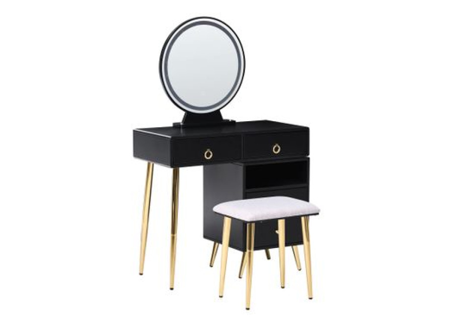 Tocador Led Negro Dorado Gris 98 X 38 Cm Mdf 6 Cajones Espejo Taburete Yves