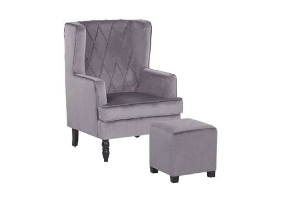 Sillón Con Reposapiés Tapizado En Tela De Terciopelo Gris Con Patas De Madera Butaca Silla Orejera Sandset
