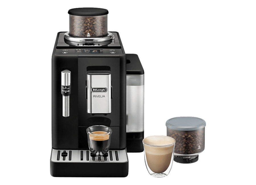 DE LONGHI Cafetera superautomática – De’Longhi Rivelia EXAM440.35.B, 1450W, 19bar, Molinillo integrado, Espumador leche, Táctil, 4 perfiles, 8 recetas