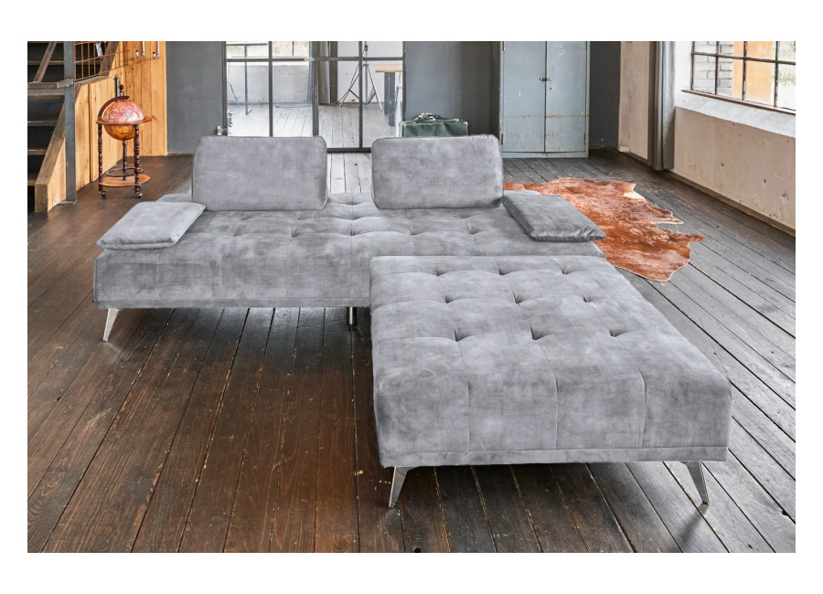 Sofá KAWOLA WIOLO, sofá diván tipo daybed con Puf, terciopelo gris