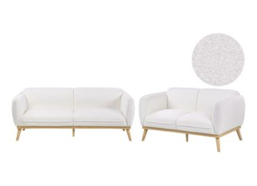 Conjunto De Sala De Estar De Estilo Escandinavo Sofás De 2 Y 3 Plazas Con Patas Cónicas De Madera Tapizado De Bouclé Blanco Ljung