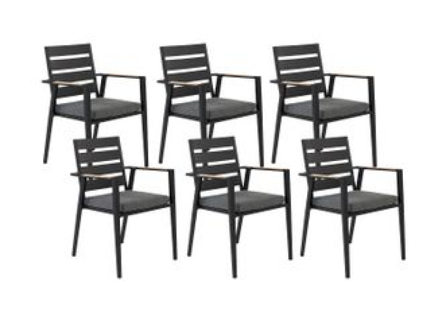 Conjunto De 6 Sillas De Jardín De Metal Negro Gris Madera Clara Cojines Taviano
