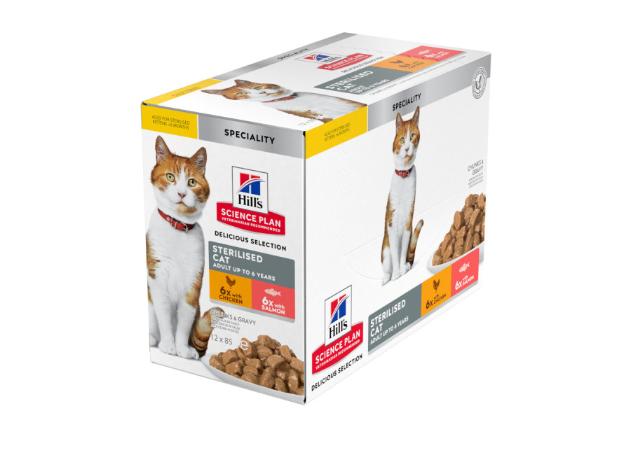 48 sobres x 85 g Hill’s Science Plan Sterilised Adult Pollo y Salmón en Salsa sobre para gatos ¡Pack ahorro!