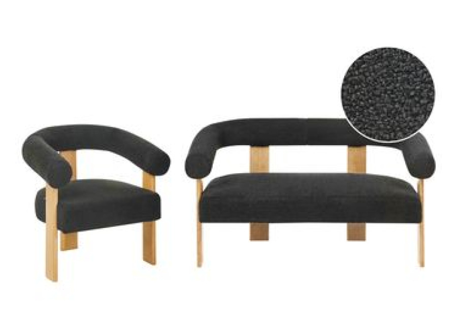 Conjunto De Sala De Estar Retro Sofá 2 Plazas Sillón Tapizado De Bouclé Patas De Madera Negro Y Marrón Claro Ilbro