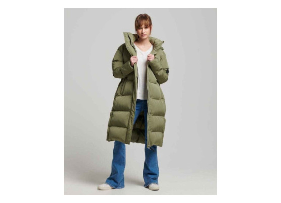 Superdry para mujer. W5011642A Abrigo largo acolchado con capucha verde (L), Casual, Poliéster, Sostenible