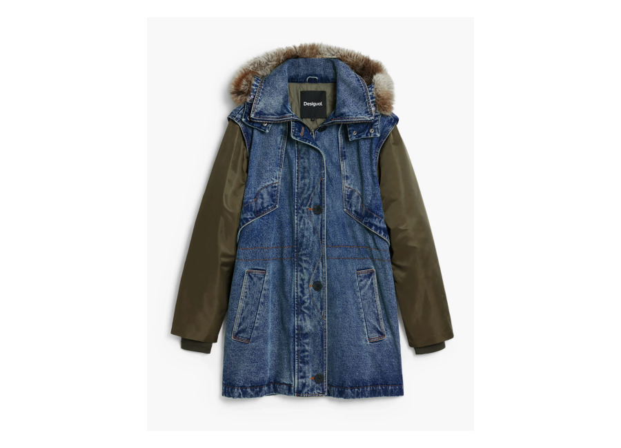 Desigual, Parka combinada pelo, Algodon, Azul