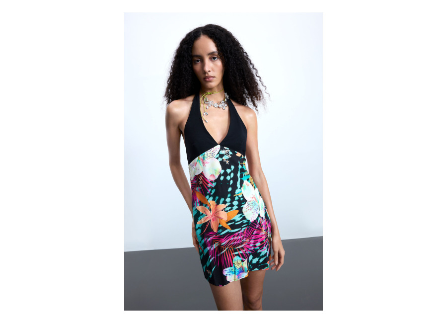 Desigual Vestido corto tropical, Mujer, Viscosa, Negro