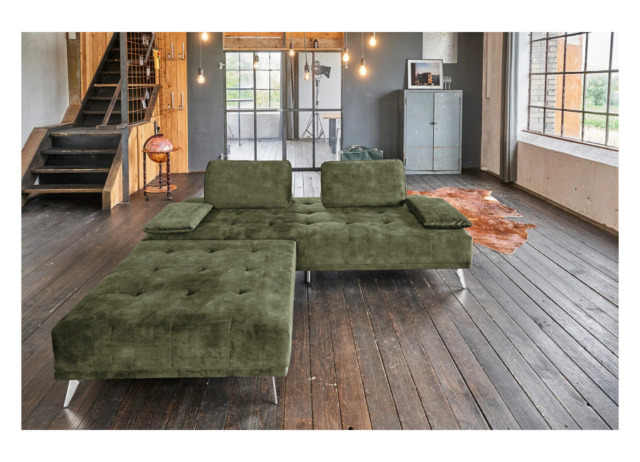 Sofá KAWOLA WIOLO, sofá diván tipo daybed con Puf, terciopelo verde musgo