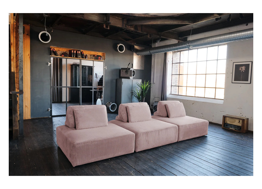 Sofá modular KAWOLA WIOLO SOFT, 3 módulos, 3 cojines respaldo, Pana rosa