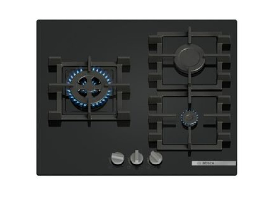Placa De Gas Bosch Pnc6b6k40 60 Cm 3 Quemadores Cristal Negro