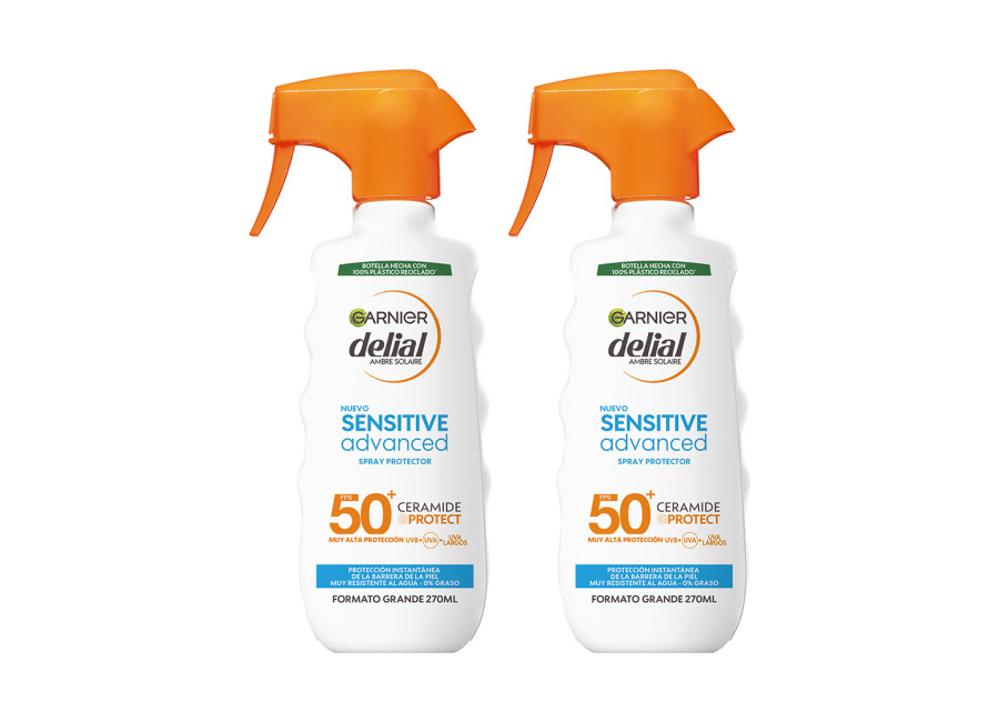 GARNIER | Delial Spray Protector Sensitive Advanced Adultos crema solar para pieles claras, sensibles e intolerantes al sol IP50+. Muy resistente al agua, 0% graso, 0% pegajoso – Pack ahorro
