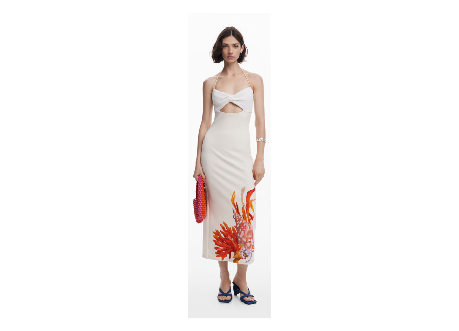 Desigual Vestido escote Cut-Out conchas, Blanco