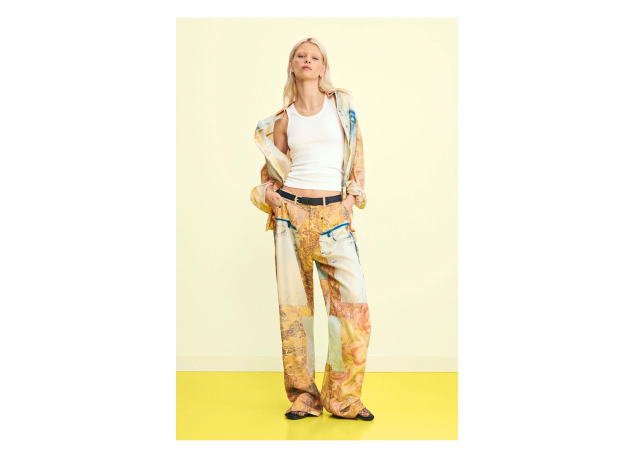 Desigual Pantalón estampado híbrido, Mujer, Lyocell, Amarillo