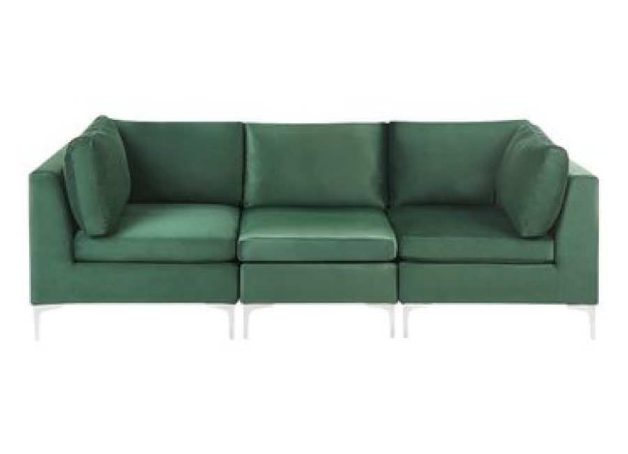 Sofá 3 Plazas De Terciopelo Verde Asiento Patas Metal Glamour Evja
