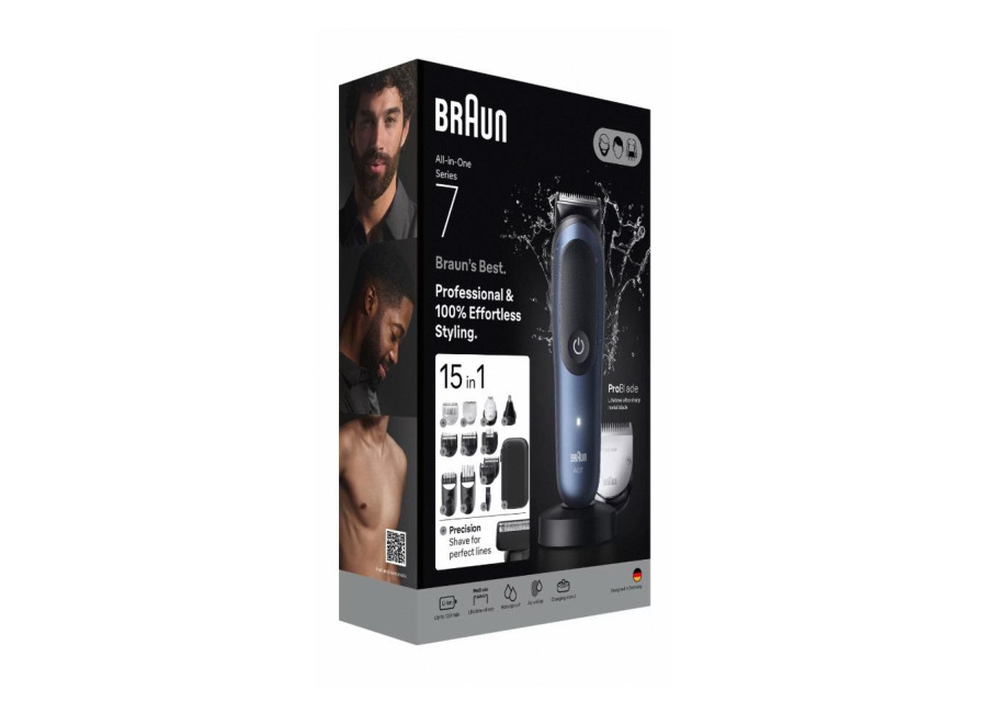 Braun Cortapelos All-in-One Series 7, cuchilla ProBlade, tecnología AutoSense, 120 minutos de autonomía, protección SkinGuard, degradado de barba, mango AquaGrip sumergible