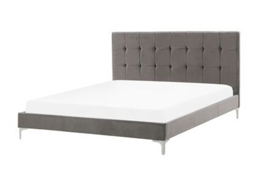 Cama Doble Tapizada En Tela De Terciopelo Gris 140 X 200 Cm Con Base De Listones Y Cabecero Acolchado Con Botones Ambert