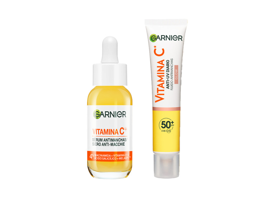 GARNIER | PACK Sérum Anti Manchas con Vitamina C, Niacinamida y Ácido salicílico. Reduce un 43% la intensidad de las manchas oscuras 30ml + Garnier Vitamina C Fluido Antimanchas Anti-UV Diario Efecto Glow FPS50+, 40 ml