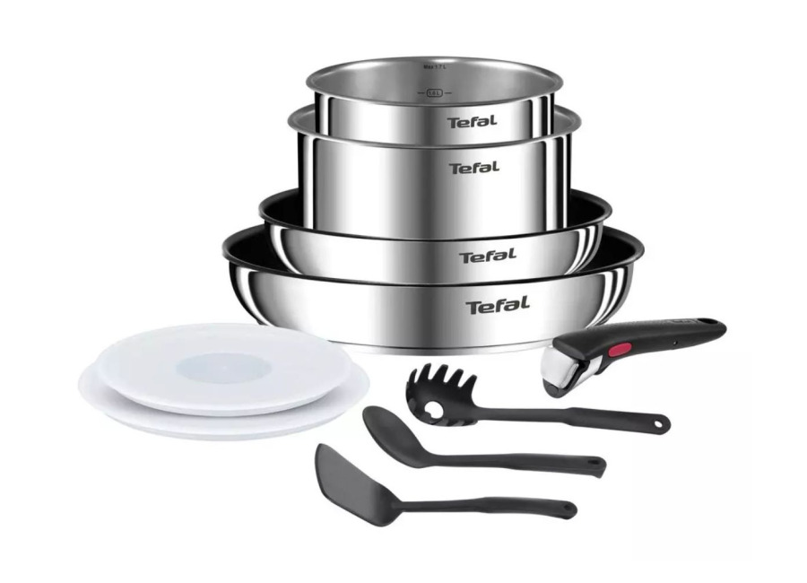 Set de 10 piezas Ingenio Tefal (2 sartenes 22 y 26cm, 2 cazos de 16 y 18cm, mango desmontable, cuchara para servir, espátula, cuchara espaguetis, 2 tapas)