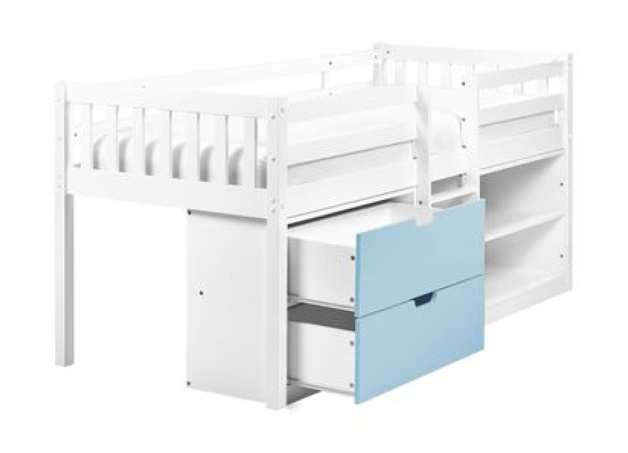 Cama Infantil De Madera De Caucho 90 X 200 Cm Con Somier De Láminas Con Cajones Y Estantes Blanco Y Azul Susville