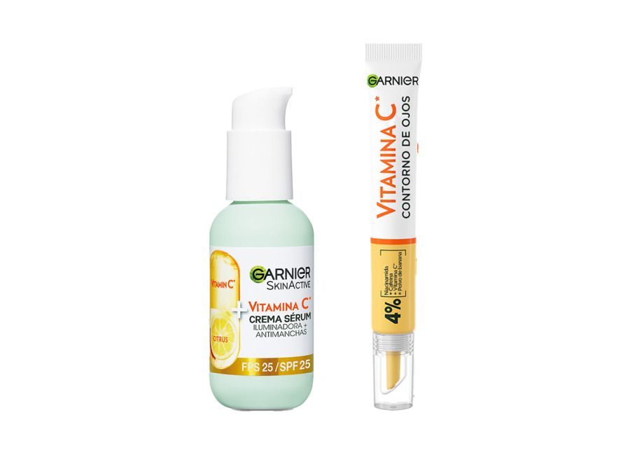 Garnier | Pack Vitamina C con Crema Sérum con SPF 25. Alta Concentración de sérum con Vitamina C y Protección Solar para Proteger la Piel de las Manchas del Sol 50ml + Contorno de Ojos con Vitamina C + Niacinamida + Cafeína + Polvo de Banana 15ml