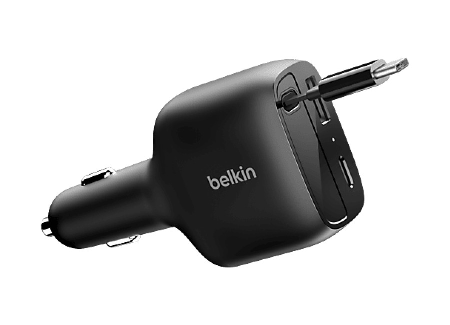 Móvil BELKIN Cargador coche – Belkin BBC036hqDG-MR, Compatible con dispositivos alimentados por USB-C, Cable USB-C retráctil, Negro