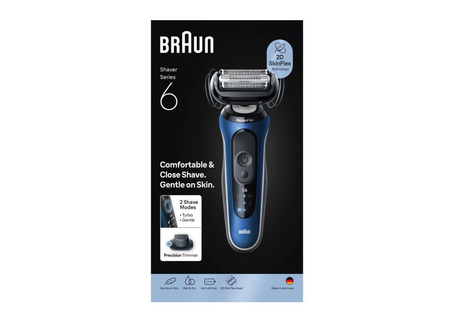 Braun Series 6 Afeitadora Eléctrica. Adaptación 2D al contorno, 2 modos de afeitado (turbo y suave), set de recortadora completo, 60 min de autonomía, en seco y mojado. Producto Europeo con Garantía Oficial.