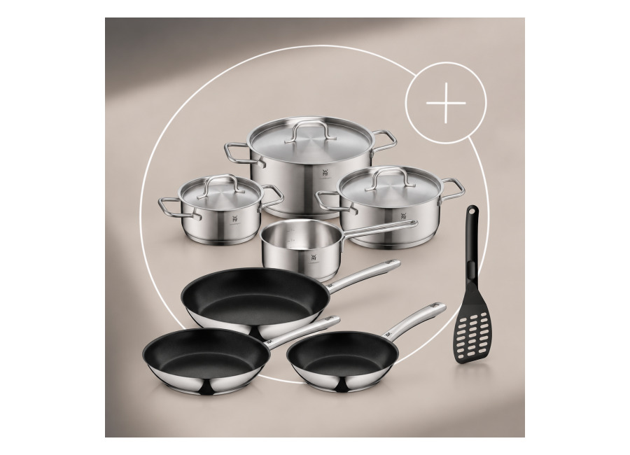 Pack de 3 sartenes Nordic Profi antiadherentes y anti-ralladuras (20, 24 y 28 cm), Batería de cocina Inspiration Plus de 4 piezas y Espátula para pescado WMF