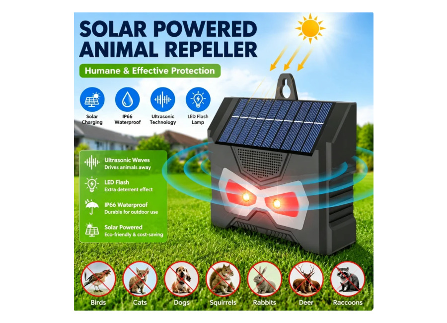 Ahuyentador de Aves Ultrasónico Electrónico, IP66 Impermeable, Carga Solar, Lámpara LED Intermitente, Control de Plagas para…