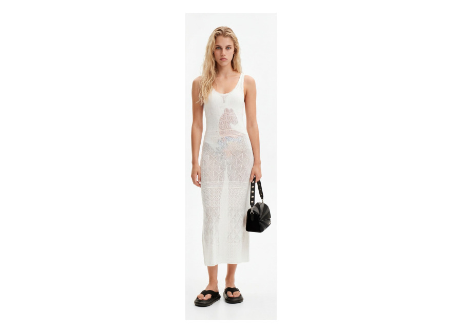 Desigual Vestido midi tirantes calado, Blanco