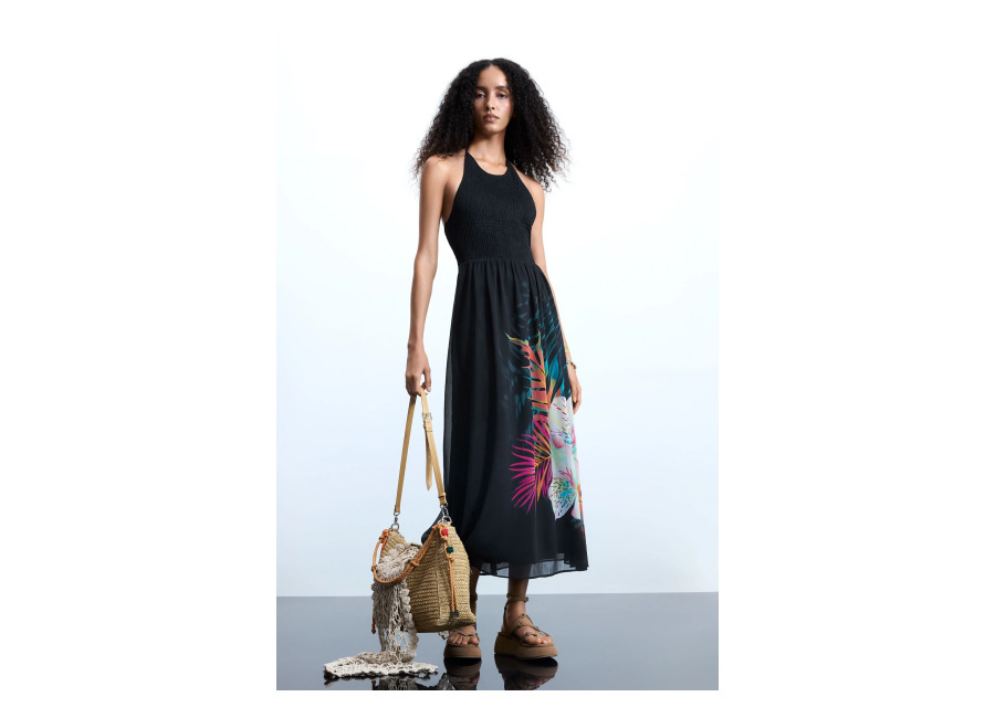Desigual Vestido halter tropical, Mujer, Poliester, Negro