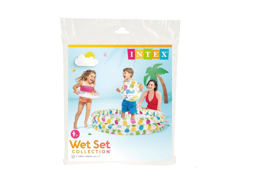 SET INFANTIL DE PISCINA, FLOTADOR Y PELOTA HINCHABLE PIÑAS INTEX, Piscina Hinchable Estampado de Colores, Piscina Redonda con 3 Aros, Piscina Infantil, Piscina Hinchable Redonda para n, Material Estable , Duradero, En el Jaedin, Terraza en el Verano
