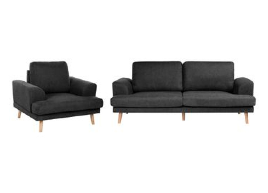 Conjunto De Sala De Estar 4 Plazas Moderno De Tela Cojines De Respaldo Reposabrazos Curvados Anchos Negro Kildal