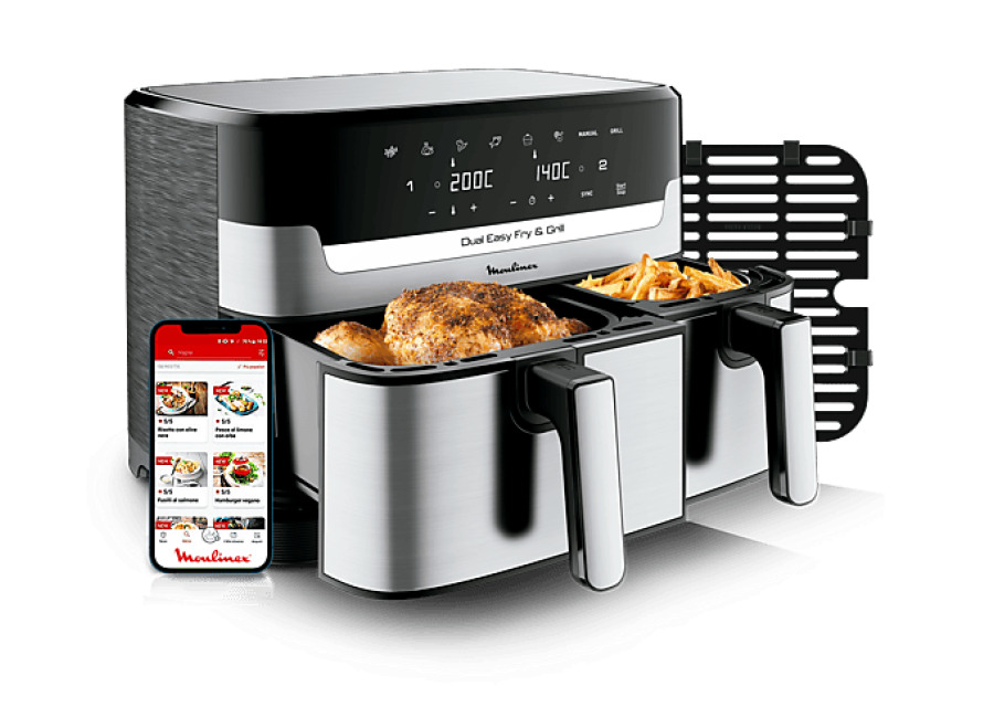 REACONDICIONADO Seminuevo Muy bueno Freidora de aire – Moulinex Dual Fry & Grill EZ905D, Cocinado Dual, 2700 W, 8.3 L, 2 Cubetas, 200 °C