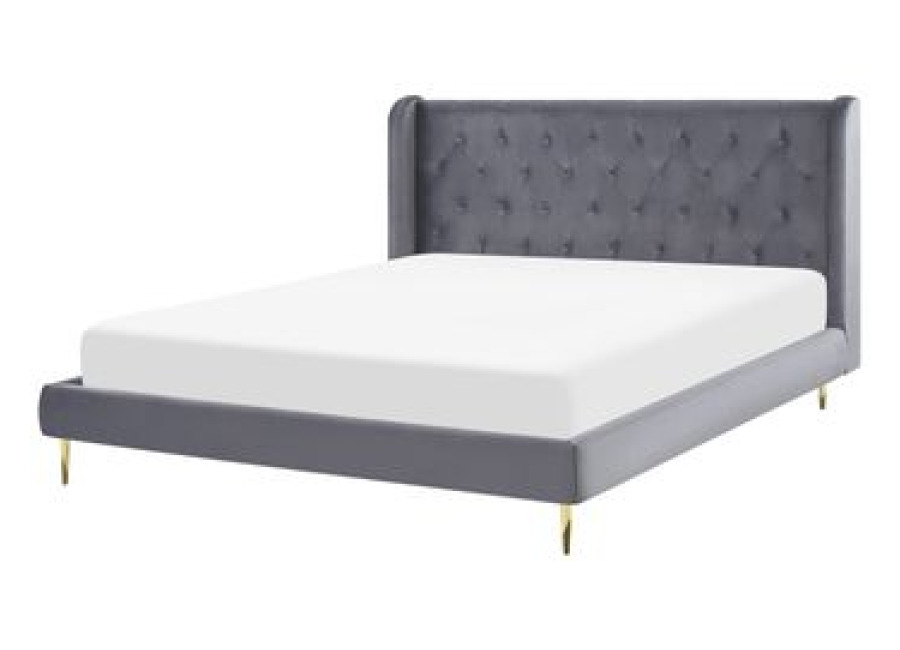 Cama Con Somier De Terciopelo Gris 180 X 200 Cm Cabecero Capitoné Moderno Forbach