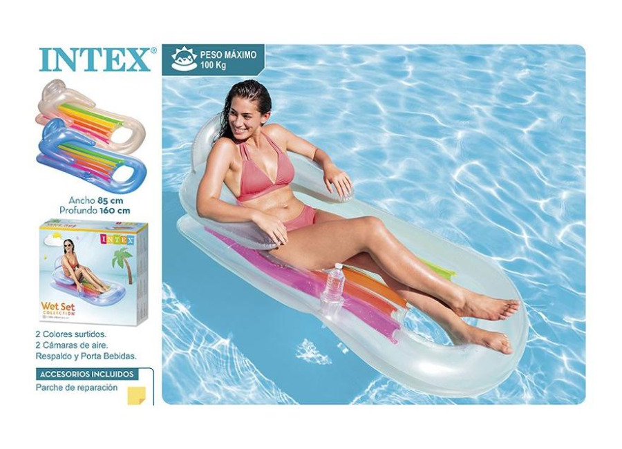 Intex- Colchoneta sillon bronceador, blanco y azul, 160×85 cm comodo, ligero, manejable, Seguro y práctico maximo 80kg incluye kit de parche reparacion gran calidad oficial garantizado ideal para veranos piscinas playas ENVIO COLOR ALEATORIOS