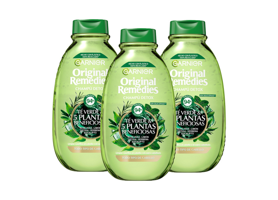 Garnier | Original Remedies Té Verde y 5 Plantas Beneficiosas Champú Detox – 3×400 ml