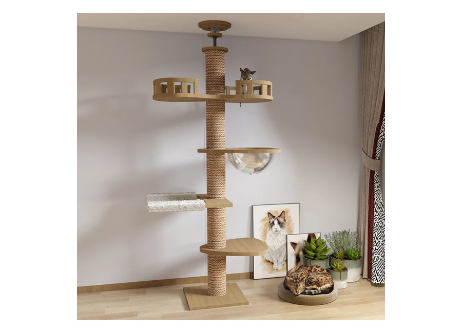 Árbol para Gatos de Madera Maciza, Color Natural, Gran Espacio, Nido para Gatos, Base Estable, Poste…