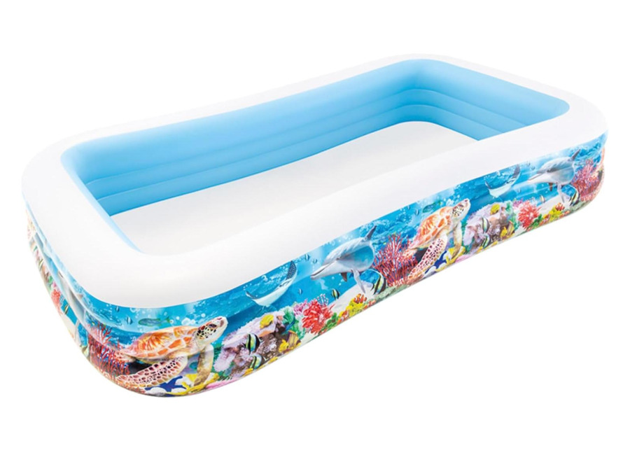 Intex Piscina Hinchable Grande diseño océano, 305x183x56 cm, 1050 litros, 3 cámaras de Aire, Tapón de desagüe, Vinilo Resistente, Uso Exterior, Ideal jardín y Verano, Parche Incluido, +6 años (58485)