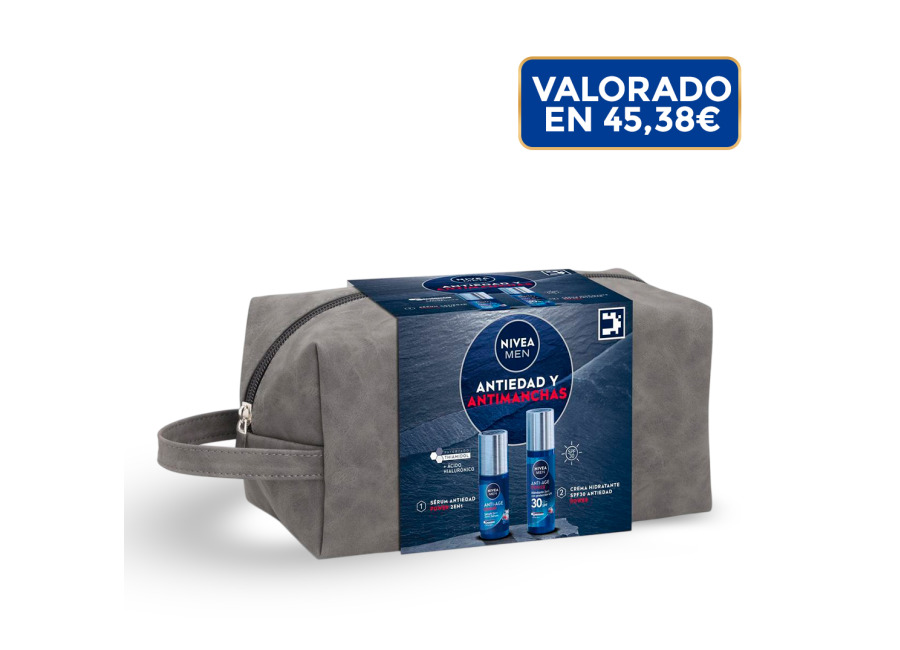 NIVEA MEN POWER rutina diaria – Neceser regalo con Sérum Facial Antiedad y Crema hidratante FP30 – Solución antimanchas y antiedad
