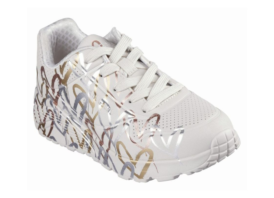 Zapatillas niña Skechers James Goldcrown Los Angeles sneakers color beige y estampado corazones multicolor metalizados oro plata y oro rosa con cierre de cordones y sitema air cooled y memory foam ligeras y muy comodas para niñas y mamis