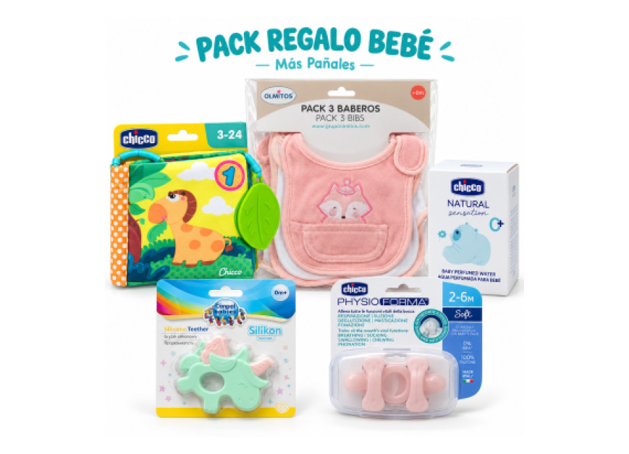 Pack Regalo Bebé Rosa – Libro Chicco, 3 Baberos, Mordedor, 2 Chupetes y Agua Perfumada