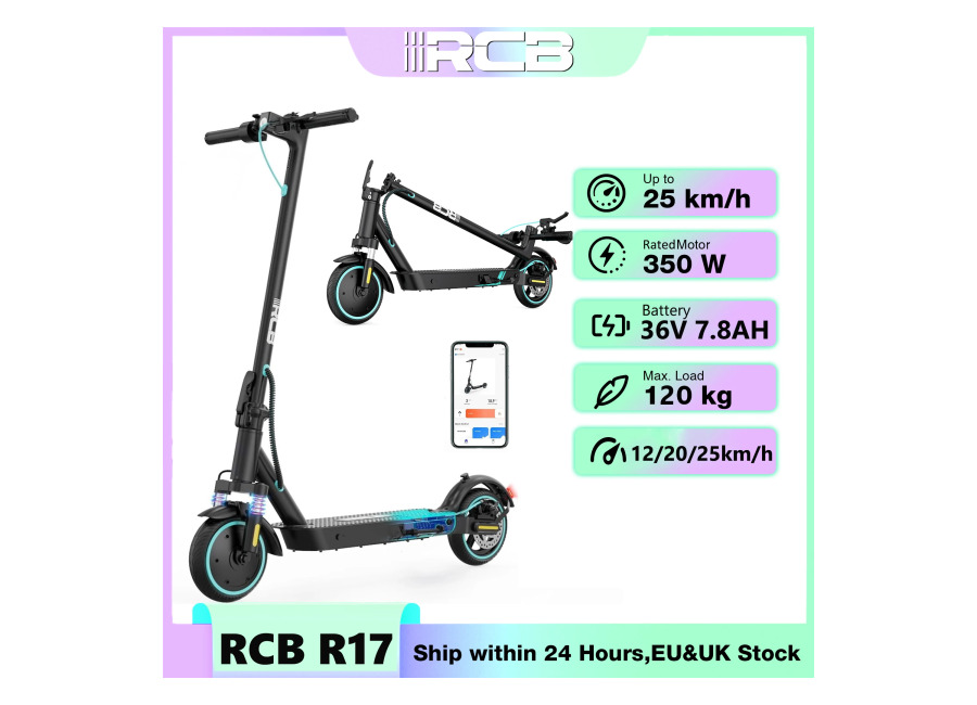 RCB Patinete Eléctrico R17 350W, Autonomía 23–30 km, Plegable, Neumáticos Sólidos 8,5 Pulgadas, Control por App,…
