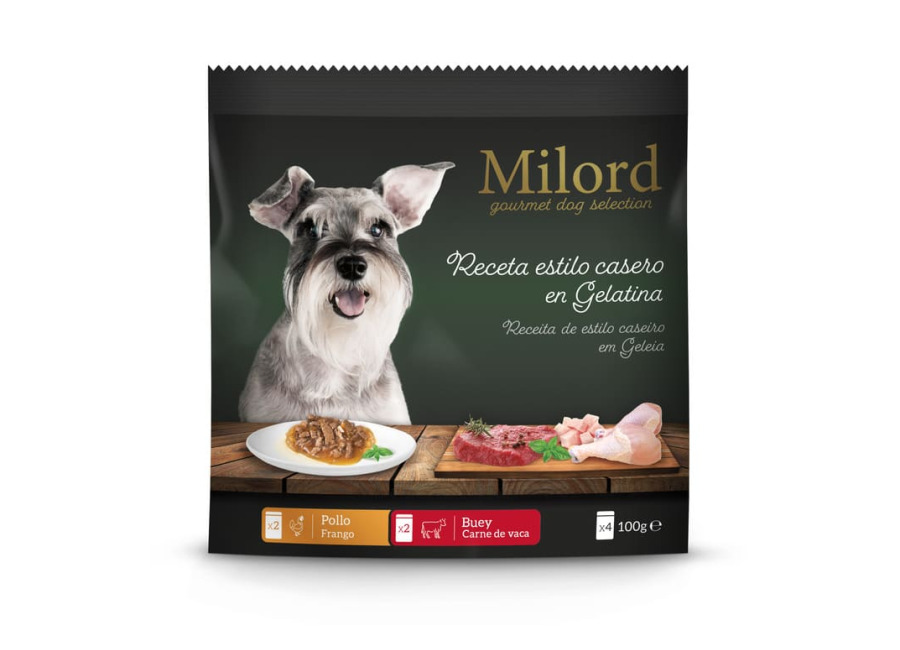 Milord 24 sobres x 100 g Milord Adult Receta estilo casero en Gelatina con Pollo y Buey sobres para perros ¡Pack ahorro!