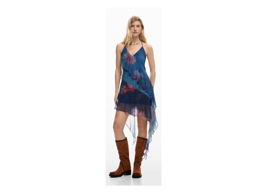Desigual Vestido volantes pixelado, Mujer, Poliester, Azul