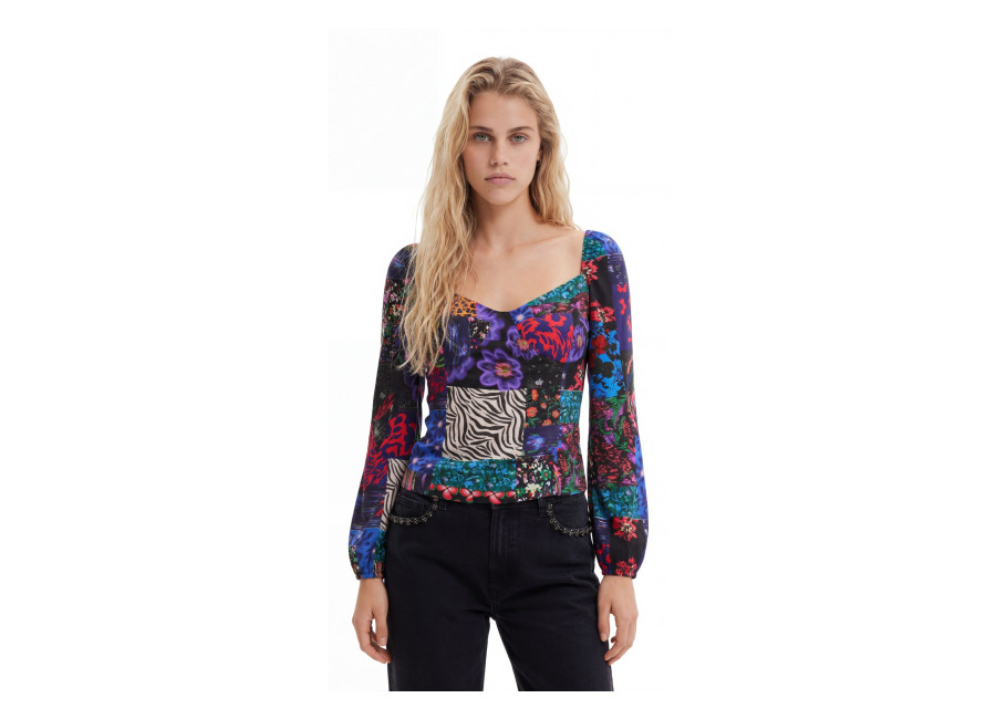 Desigual Blusa corsé patch, Viscosa, Negro