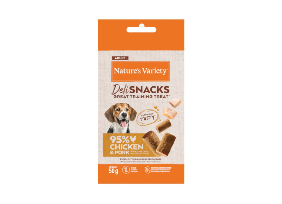 Nature’s Variety 6 bolsitas x 50 g Nature’s Variety Bocaditos Deli Snacks Adult Pollo y Cerdo para perros ¡Pack Ahorro!