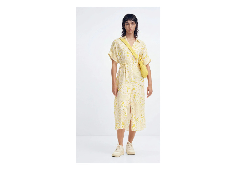 Desigual Vestido midi camisero flores, Viscosa, Blanco