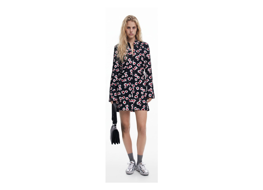 Desigual Vestido camisero corto flores, Poliester, Negro