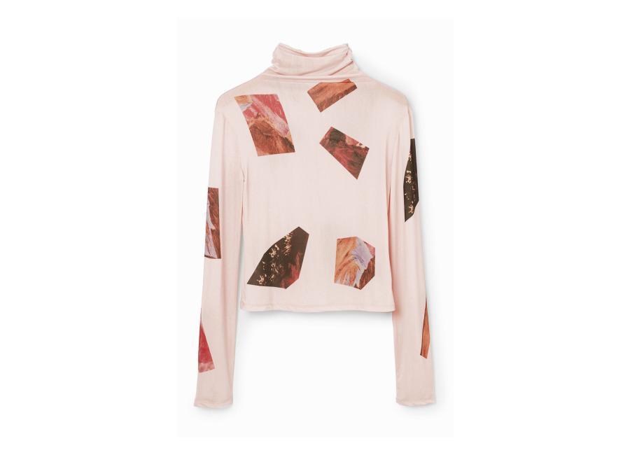 Desigual Camiseta slim cuello alto collage, Poliester, Rojo