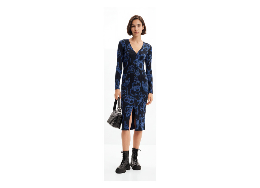 Desigual Vestido midi punto flores, Negro